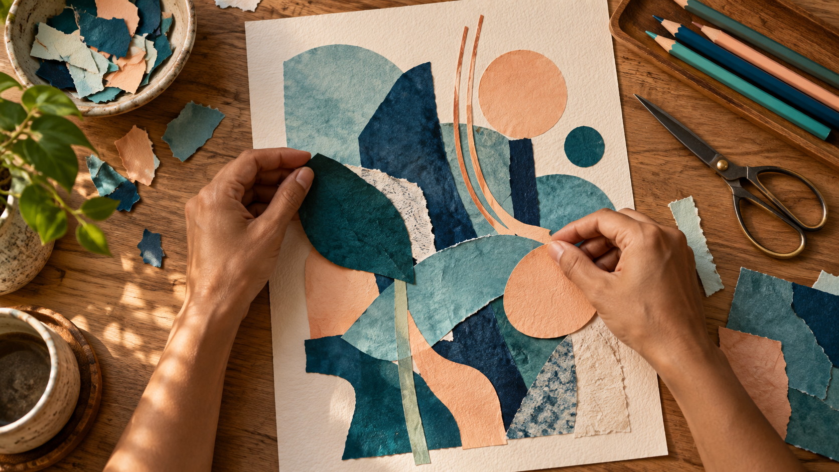 Manos creando un collage para expresar emociones con arteterapia