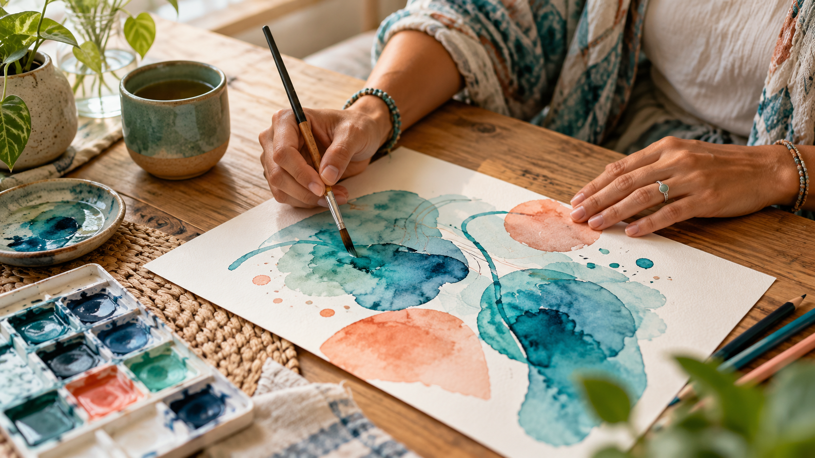 Manos pintando acuarela en una pausa creativa para manejar el estrés