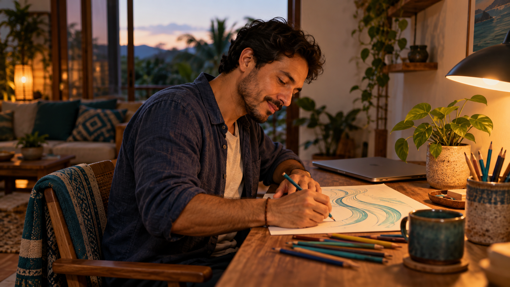 Hombre dibujando en una pausa creativa después del trabajo