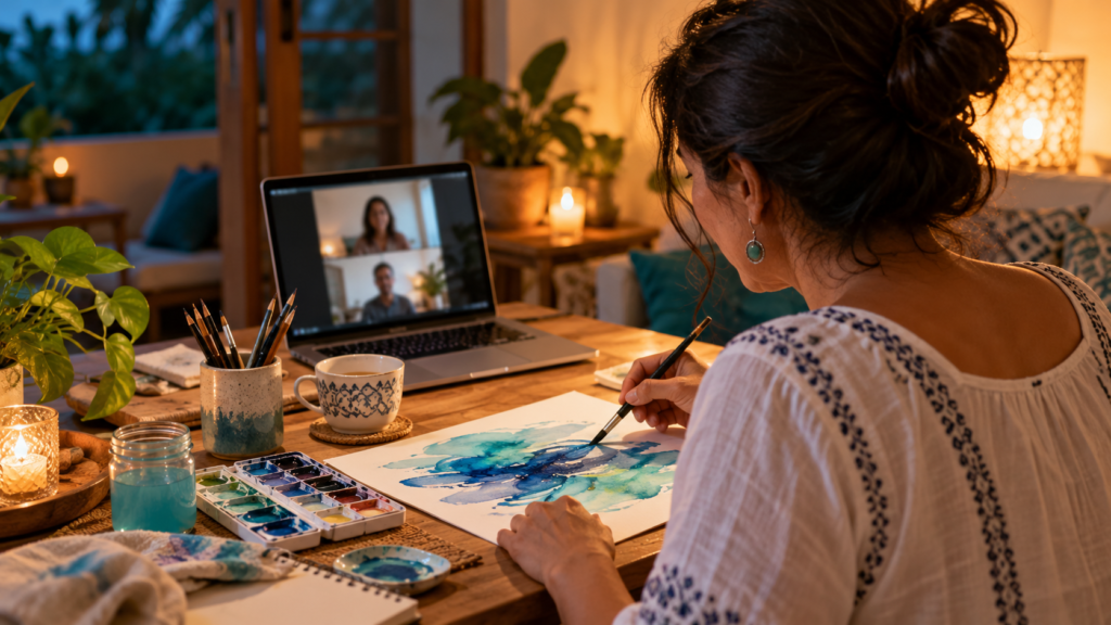 Mujer pintando durante un taller virtual de arteterapia